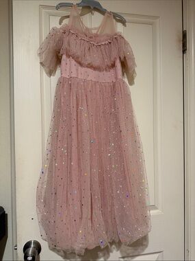 SHEIN Pink Sequin Tulle Off-Shoulder Party Dress for Girls